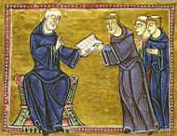 La règle des moines bénédictins, miniature tirée d'un manuscrit contenant la Règle de saint Benoît, 1179, Nimes, monastère de saint Gilles